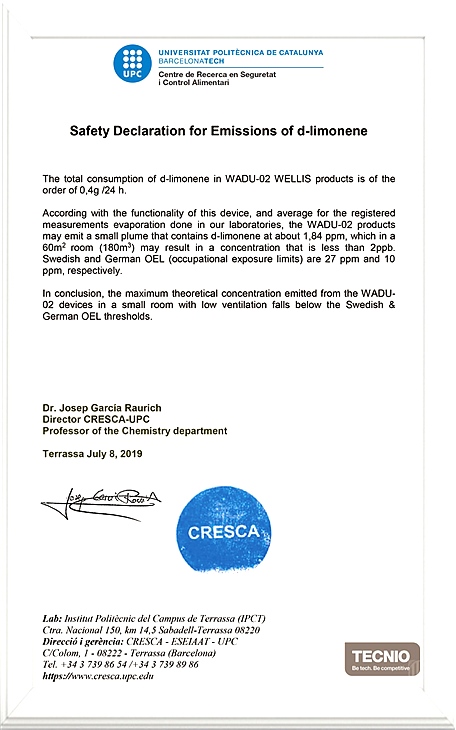 Wellisair空气消毒机 UPC-CRESCA大学植物精华释放量安全证书